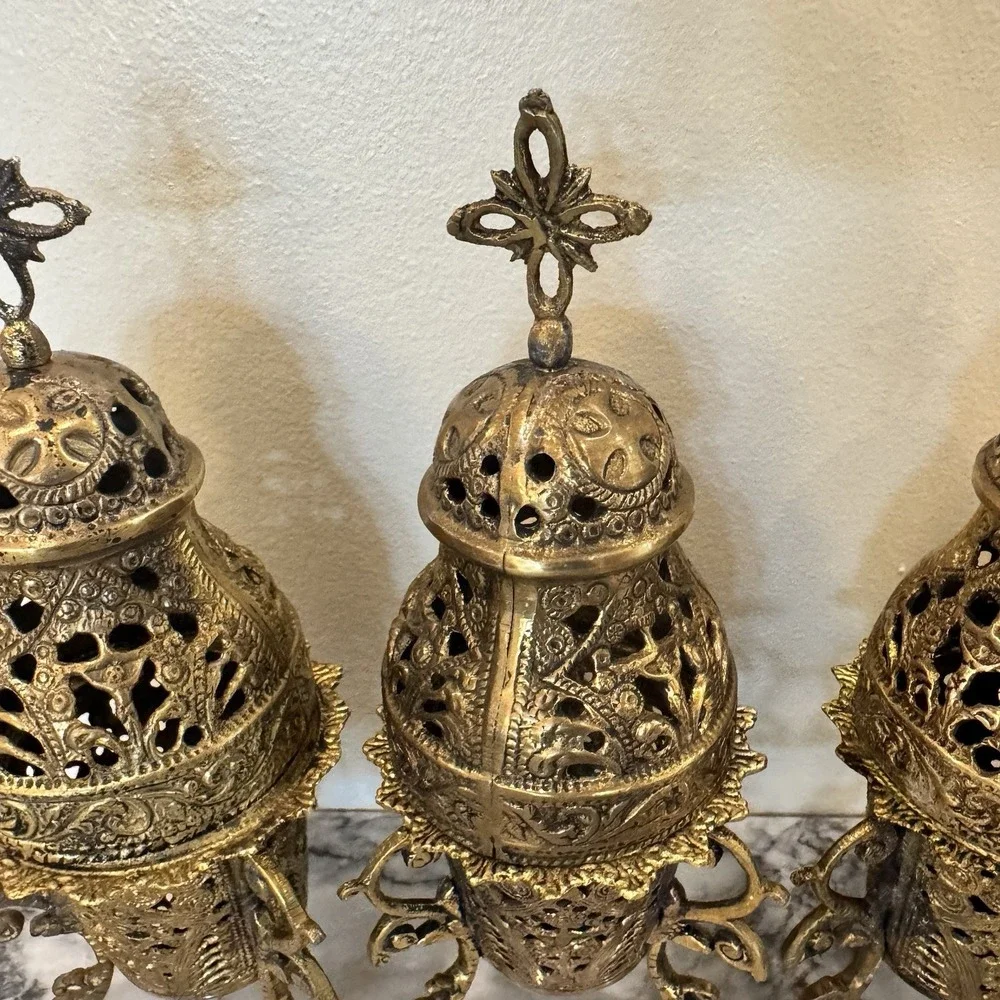 Set 3 Vintage Solid Brass Greek / Orthodox Tabletop Incense  Burners ~ Thuribles